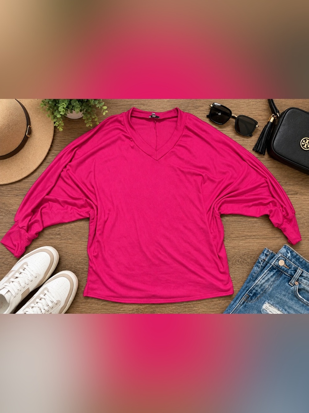 White Birch Hot Pink Ribbed Knit V-Neck Oversized Dolman Top XL
